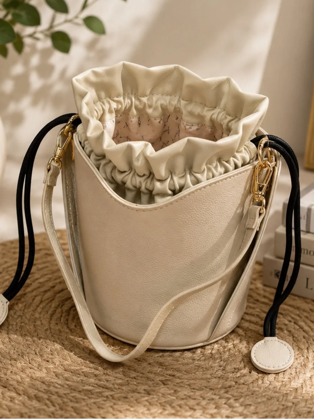 Minimalist Cream Bucket Bag with Drawstring Closure